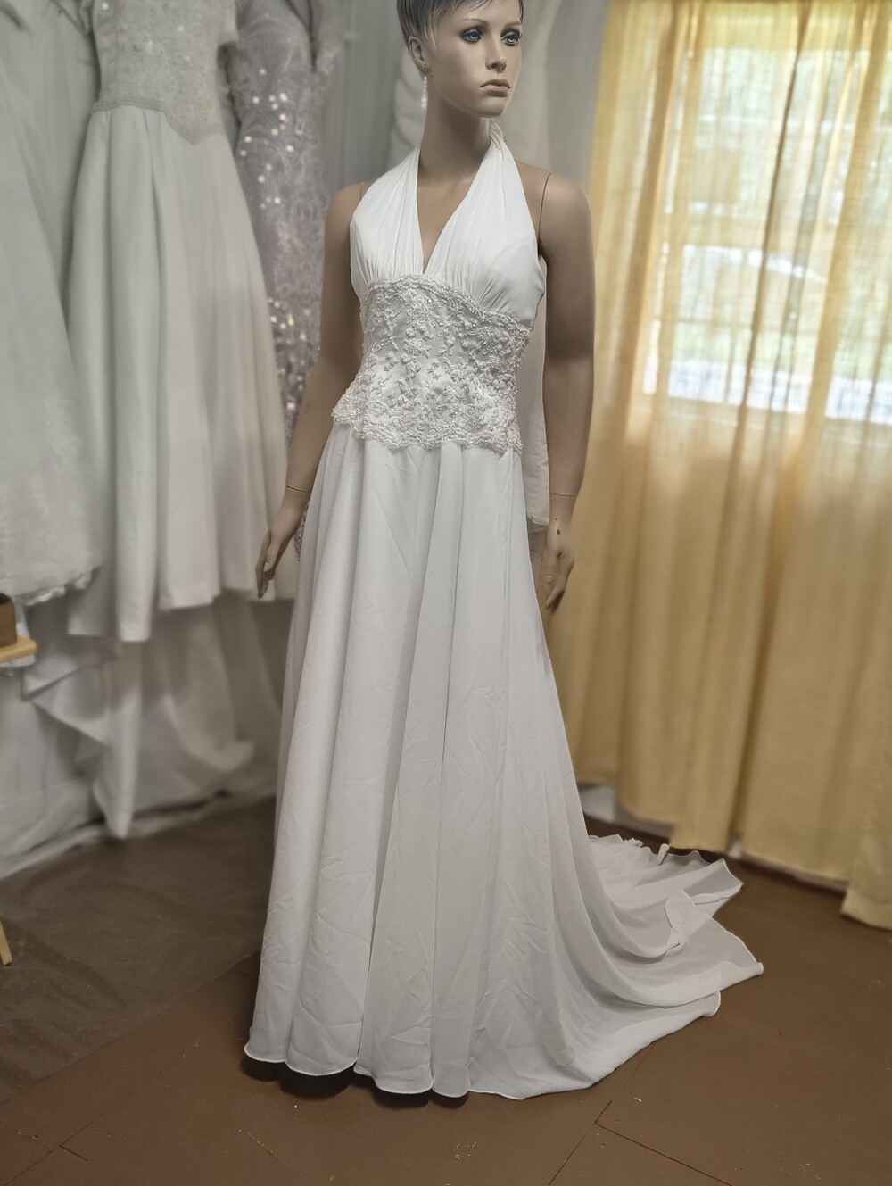 Halter Lace Bodice White Maxi Wedding Dress  Size 12